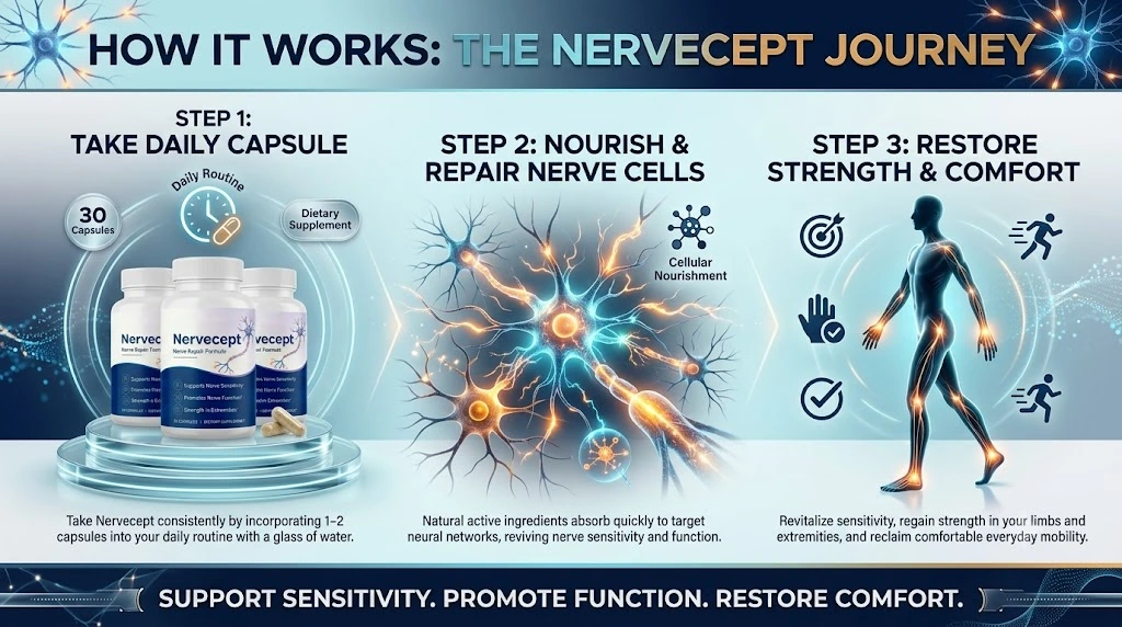 How Nervecept works: take daily capsule, nourish and repair nerve cells, restore strength and comfort